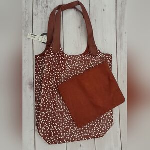 Brown Faux Leather Tote Bag with White Dots